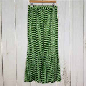 V Cristina Green Geo Print Wide Bell Flare Pants